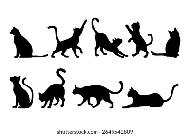 Elegant black cat silhouettes in various poses on a white background. Perfect for logos, decals, and apparel, with a sleek minimalist style.
