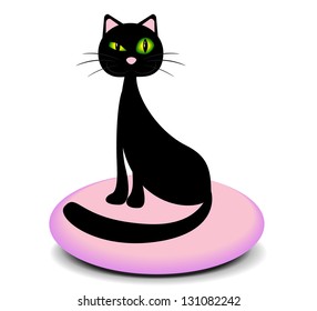 Elegant black cat sitting on a pink pillow and screws up his eyes