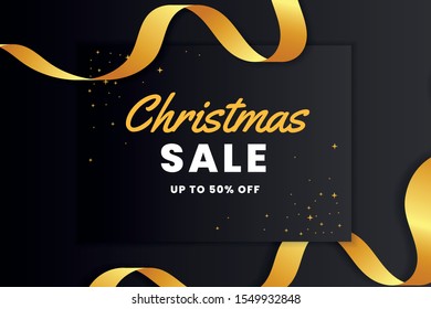 Elegant black Christmas sales banner with gold ribbon