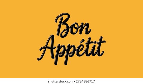Elegante script cursivo preto soletrando a frase francesa Bon Appétit que significa desfrutar de sua refeição em um fundo amarelo quente.