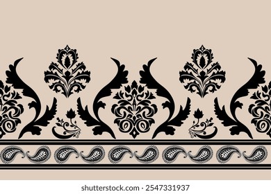 Elegant black damask pattern with paisley border design on beige background. Luxurious Victorian style ornamental elements for interior design and textile patterns.