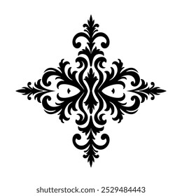 Elegant black damask pattern in symmetrical floral design on white background, perfect for luxury decor, wedding invitations, wallpaper, textiles, or ornate logo elements