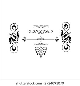 Elegantes Elementos decorativos negros sobre fondo blanco, con remolinos y motivos florales.