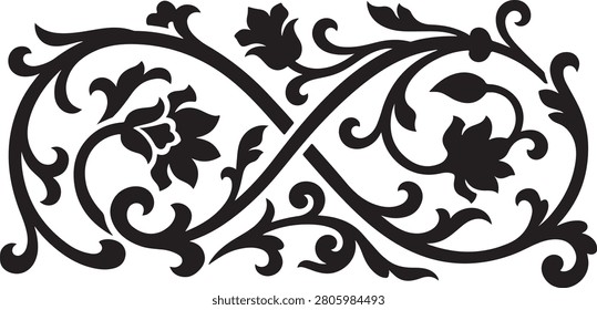 Elegant black decorative scrollwork pattern with floral motifs isolated on transparent background, Vector floral dividers