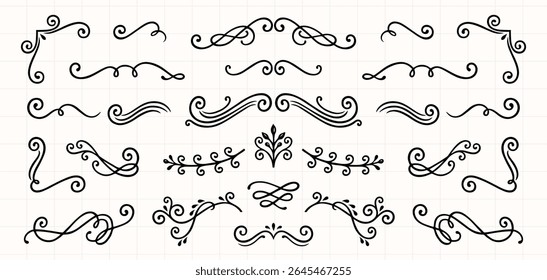 Elegant black decorative swirls and flourishes on a white background. Swirls and flourishes create a vintage, ornate design. Perfect for invitations and cards. Hand drawn illustrations, vector set.