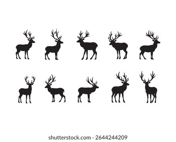 Elegant black deer silhouettes with majestic antlers are arranged in a repeating pattern, perfect for adding a touch of the wild to your designs.