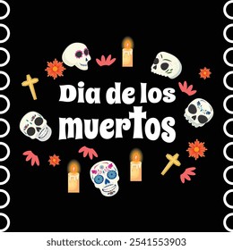 Elegant black Dia de los Muertos template with painted skulls, burning candles, flowers, and central roses