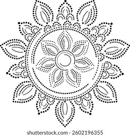 Elegant Black Dotted and Dashed Line Asymmetric Floral Mandala Design Pattern, Cushion cover or Embroidery Design Element or can be used to create Repeating Pattern for fabric curtain carpet wallpaper