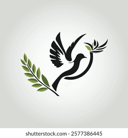 Elegant Black Dove Vector Icon with Olive Branch Peace symbol