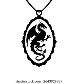 Elegant black dragon silhouette oval pendant necklace.