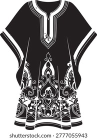 Elegant black dress featuring detailed white embroidery and decorative motifs, showcasing traditional craftsmanship.
