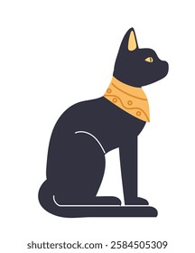 Elegant black Egyptian cat with golden collar sitting in profile on white background. Representation of ancient Egyptian culture and mythology