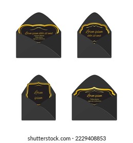 Elegant black envelopes with curly postcards inside. Golden framed cards. Holiday theme. Congratulation or invitation Vector  illustration. 