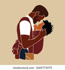 Elegant black father carrying son in line art style vector