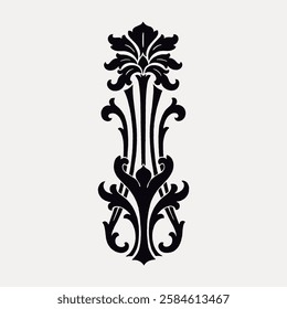 Elegant black floral design with intricate patterns. Decorative floral motif with ornate details. Symmetrical floral art, perfect for design projects. Vintage art illustration, vector.