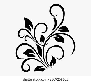 Elegant black floral design vector featuring as swirling vine pattern with leaves. Perfect for use in decorative projects, logos, invitations and textiles. Intricate design showcases blend of nature. 