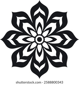 "Elegant black floral mandala with a symmetrical decorative pattern, perfect for design and art projects."