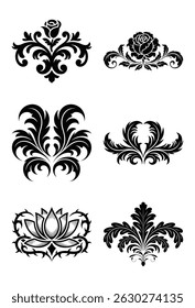 Elegant black floral ornament designs for decorative vintage graphic projects