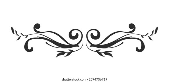 Elegant black floral ornament with swirling patterns and leaves on a white background. Decorative and vintage-inspired design, perfect for invitations or frames. Vector illustration