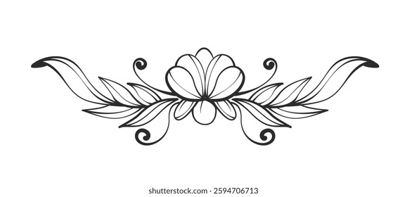 Elegant black floral ornament with a symmetrical design, featuring swirling leaves and a central flower. The intricate line art is set on a white background. Vector illustration