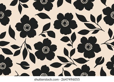 Elegante padrão floral preto com centros pontilhados em um fundo bege. Um design botânico mínimo perfeito para têxteis, papéis de parede e impressões digitais.