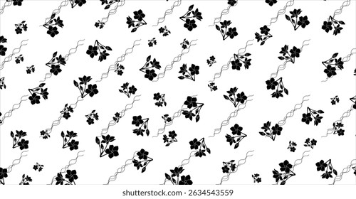 Elegant black floral pattern with wavy lines on white background creates a stylish design suitable for backgrounds, textiles and contemporary projects and wallpaper designs