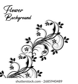 Elegante schwarze florale Scrollarbeit mit kleinen Blumen und Blättern auf weißem Hintergrund.