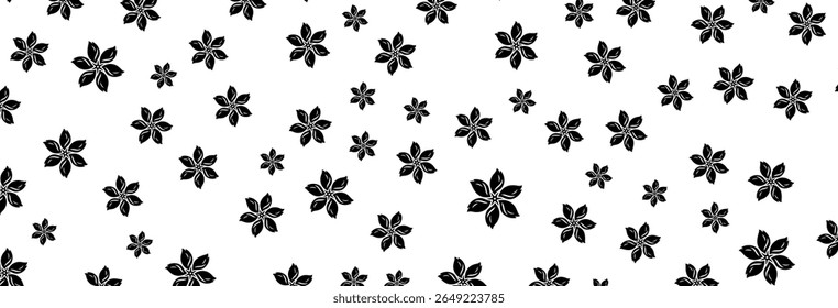 Elegant black floral shapes create a stylish and contrasting repeat pattern against a pure white backdrop, perfect for backgrounds and contemporary designs with botanical flair and modern simplicity