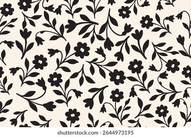 Elegant black floral silhouette pattern on a soft cream background—minimal and classic design perfect for fashion wallpaper packaging and timeless decor.