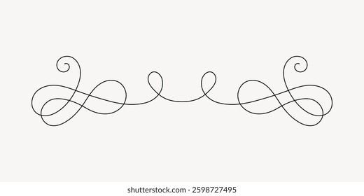 Elegant black flourish line art with symmetrical swirls. Decorative flourish design ideal for invitations, borders, or decorative elements. Simple flourish style. Vintage vector illustration.