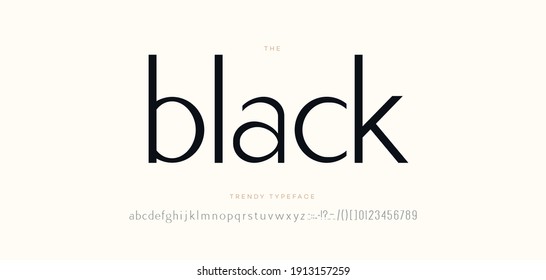 Elegant black font sans serif style modern typography letters and number. Uppercase and lowercase letters. Minimal alphabet for promotion, video, decoration, logo, poster, book, printing. Vector