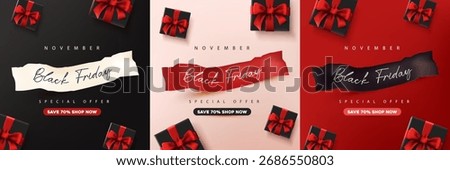 Elegant Black Friday banner with red ribbon gift boxes and torn paper text design perfect for sale promotion and online shopping advertisement
