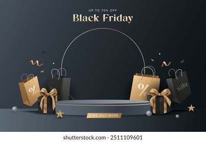 Elegant Black Friday podium sale background with gift and shopping bag design. Social media web banner for sale promotion. Vector illustration.