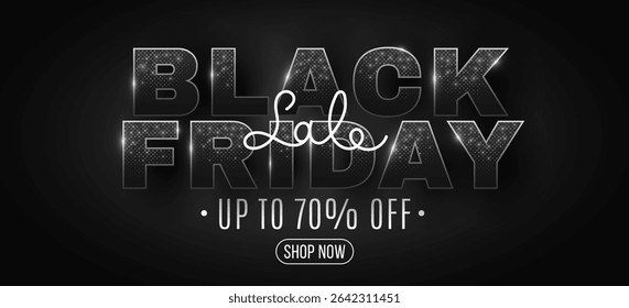 Elegant Black Friday promotional banner with glittering typography. Glowing sale script for digital marketing campaigns. Glamour design suitable for fashion week. Vector illustration.