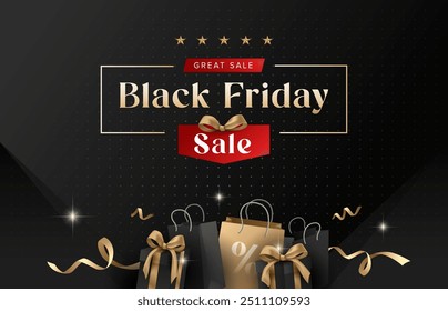 Elegant Black Friday sale background with gift and shopping bag design. Social media web banner for sale promotion. Vector illustration.