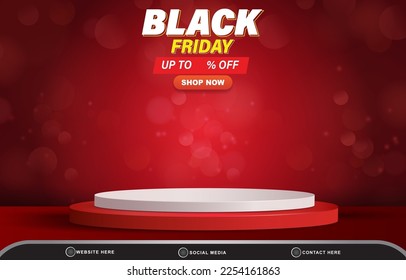 elegant black friday sale discount template banner with blank space 3d podium for product sale with abstract gradient red background