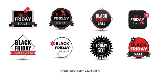 Elegante paquete de etiquetas de viernes negro para medios sociales y sitios web con descuento y texto promocional y elementos de diseño.