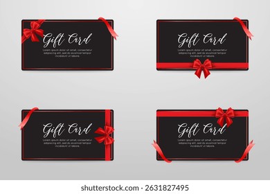 Elegant Black Gift Card with Red Ribbon and Bow Set – Vector Template Design