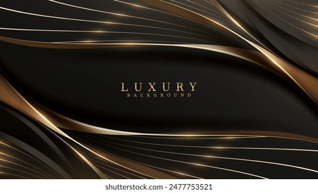 Elegante fondo negro y dorado decorado con cintas que fluyen con brillo y efectos de luz brillante. Ilustración vectorial.