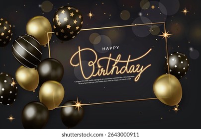 Elegant black and gold balloons on a deep black background for birthday greeting