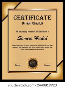 Elegant black and gold blue diploma certificate template with luxury badge and modern line pattern. For award, business, and education needs. Use for print, certificate, diploma, graduation 