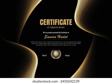 Elegante Plantilla de certificado de diploma azul y negro con insignia de lujo y patrón de línea moderno. Para premios, negocios y necesidades educativas. Uso para impresión, certificado, diploma, graduación