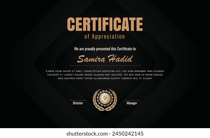 Elegant black and gold blue diploma certificate template with luxury badge and modern line pattern. For award, business, and education needs. Use for print, certificate, diploma, graduation