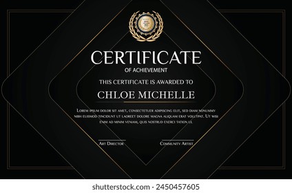 Elegant black and gold blue diploma certificate template with luxury badge and modern line pattern. For award, business, and education needs. Use for print, certificate, diploma, graduation 