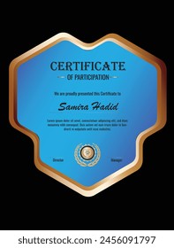 Elegant black and gold blue diploma certificate template with luxury badge and modern line pattern. For award, business, and education needs. Use for print, certificate, diploma, graduation