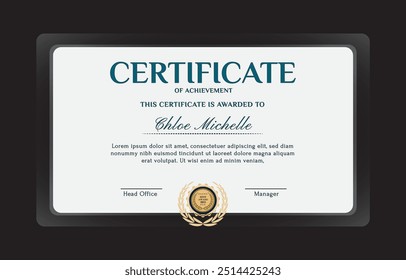Elegant black and gold blue diploma certificate template with luxury badge and modern line pattern. For award, business, and education needs. Use for print, certificate, diploma, graduation 