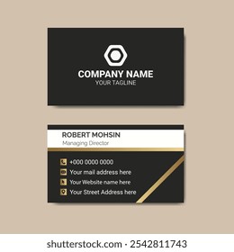 Elegant black and gold business card design template for corporate professionals with contact details