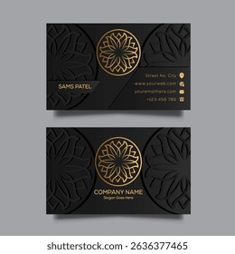 Elegant black and gold business card template featuring a luxurious mandala design. Ideal for professional branding, especially for creative professionals, designers, or high-end businesses. 