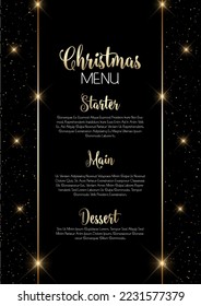 Elegant black and gold Christmas menu design with sparkling stars