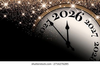 Elegante schwarz-goldene Countdown-Uhr mit funkelndem Glitzer-Hintergrund feiert Neujahr 2026. Festliche Vektorgrafik.
